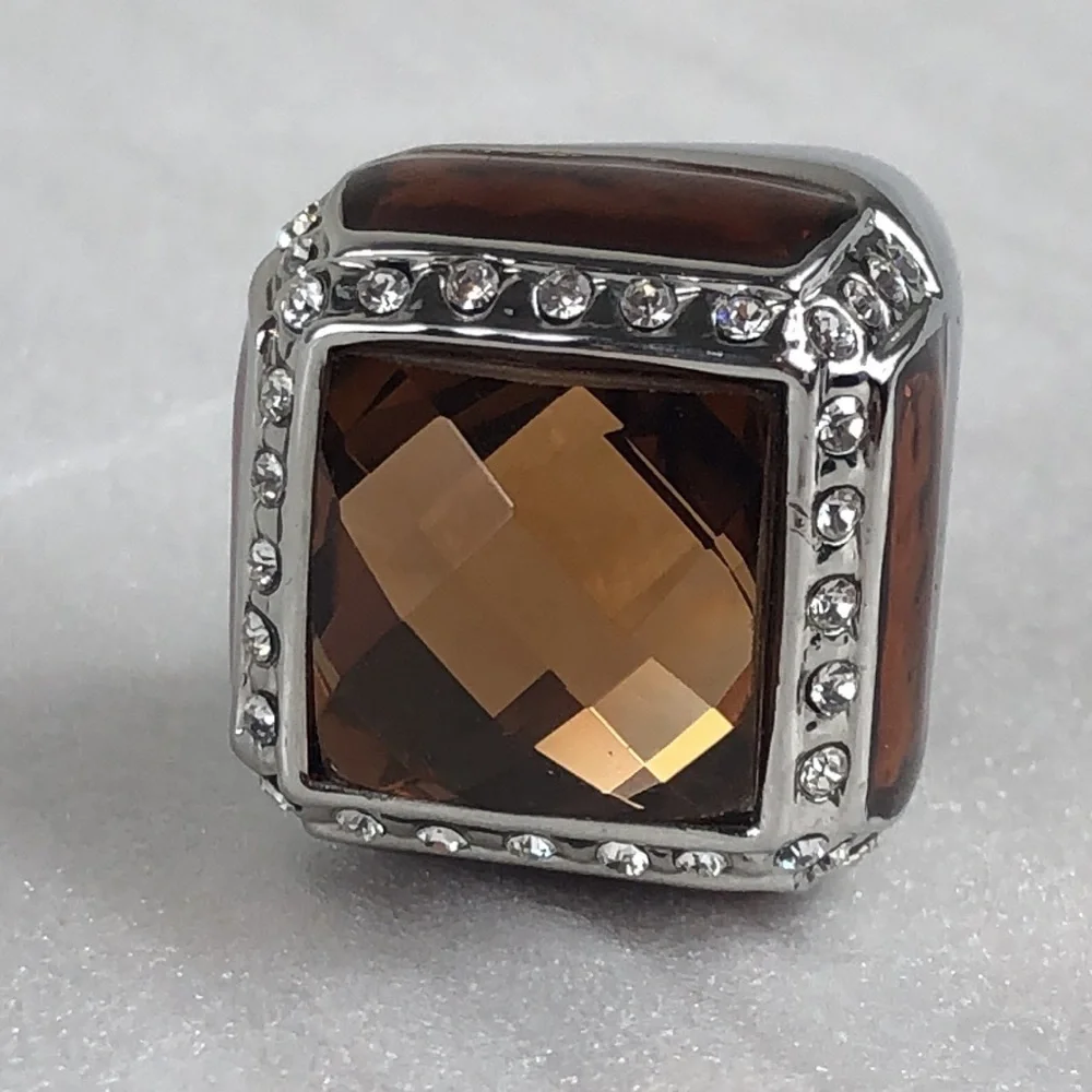 Smoky Quartz Ring Men's Size 8 Square Simulated Stones Faceted Silver Tone Band